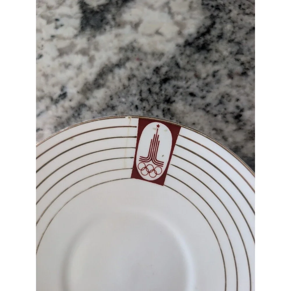 Vintage Lomonosov USSR Moscow 1980 Olympics Runner Porcelain Cup Saucer Cracked